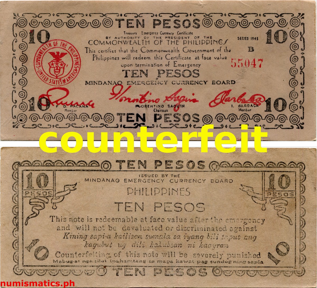 1943 10 Pesos First Printing Manila Counterfeit Mindanao Treasury Emergency Currency Certificate