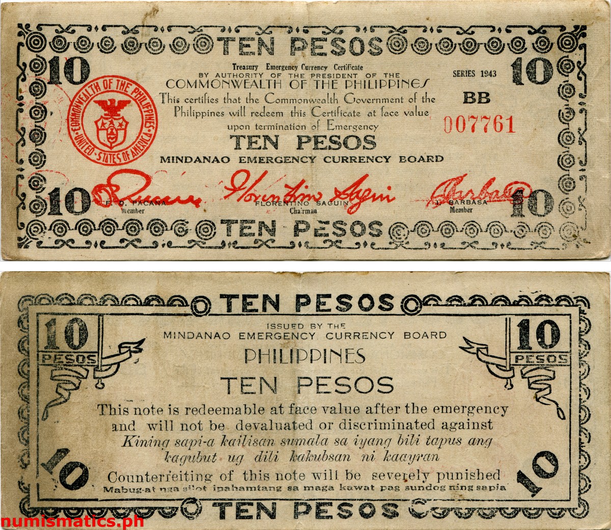 1943 10 Pesos Second Printing 6 Digit Serial Number Mindanao Treasury Emergency Currency Certificate