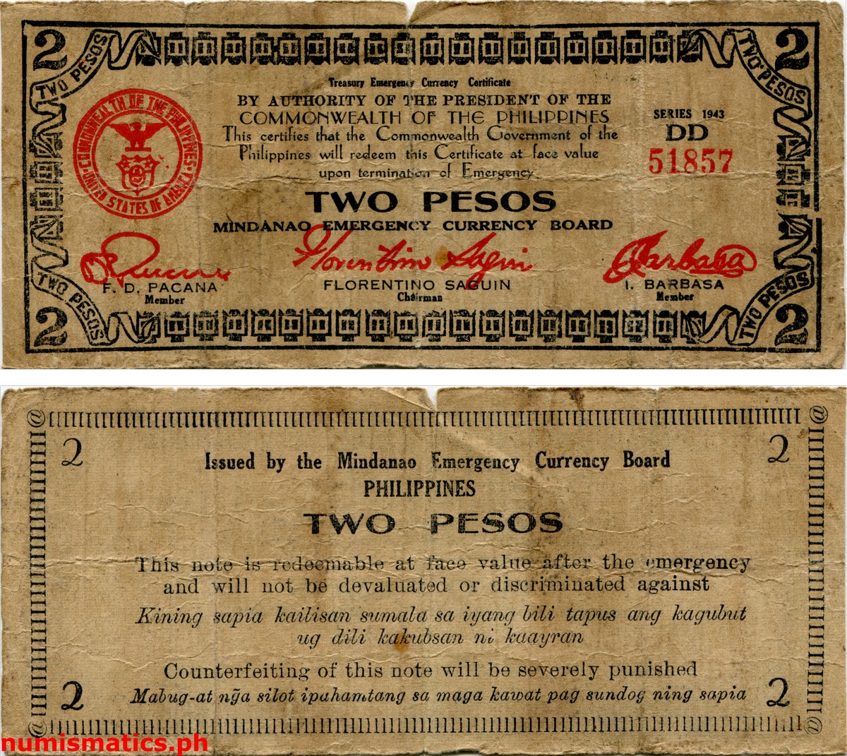 1943 2 Pesos Second Printing Mindanao Treasury Emergency Currency Certificate