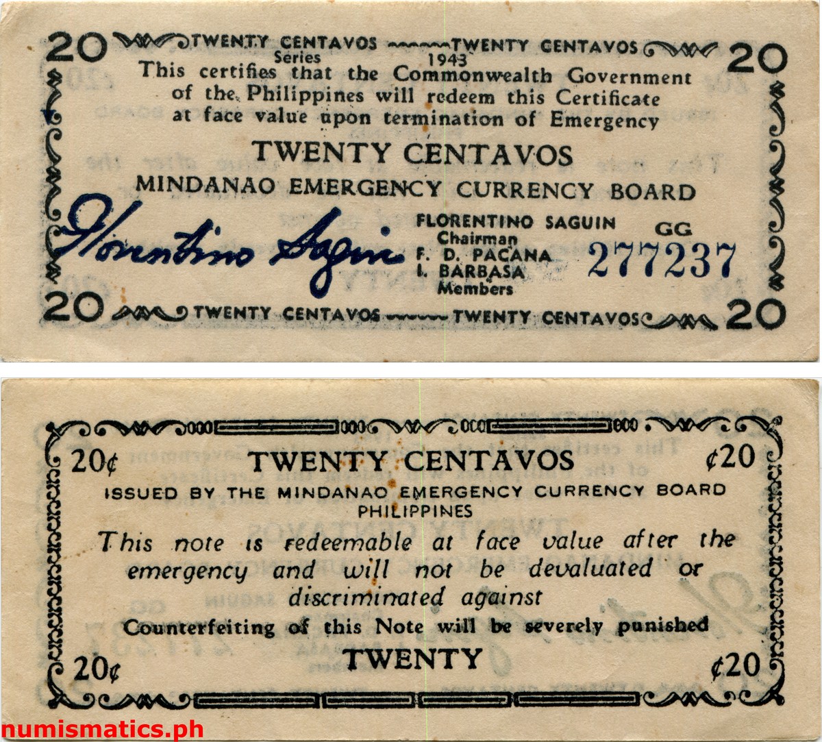 1943 20 Centavos Third Printing Mindanao Emergency Certificate