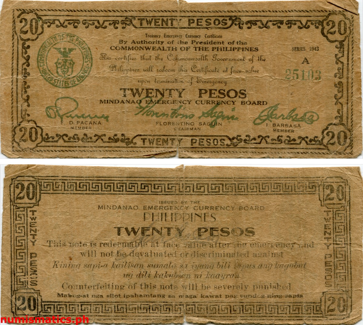 1943 20 Pesos First Printing Mindanao Treasury Emergency Currency Certificate