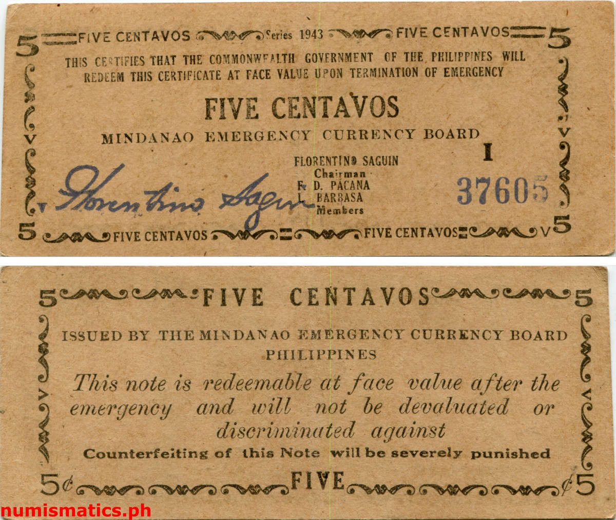 1943 5 Centavos First Printing without Initial Mindanao Emergency Certificate