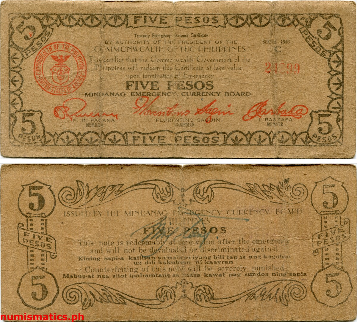 1943 5 Pesos First Printing Countersignature of Gabriel Cuerpo Mindanao Treasury Emergency Currency Certificate