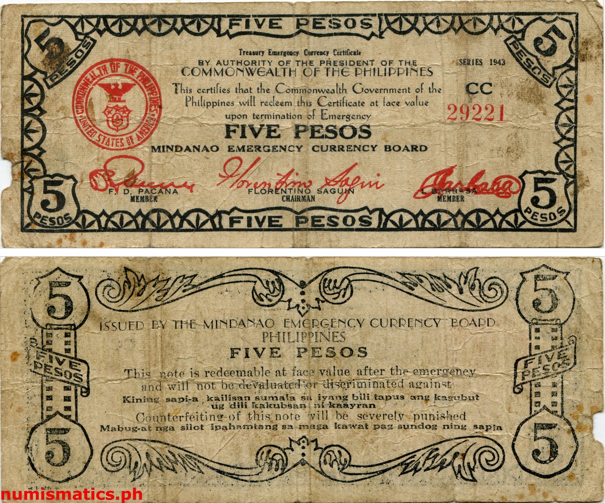 1943 5 Pesos Second Printing 5 Digit Serial Number Mindanao Treasury Emergency Currency Certificate