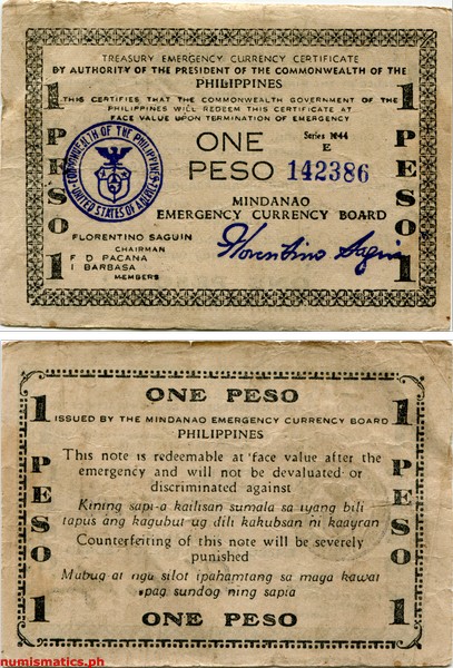 1944 1 Peso First Issue Mindanao Treasury Emergency Currency Certificate