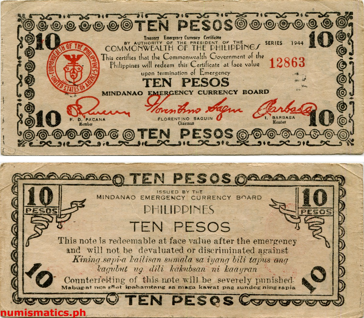 1944 10 Pesos Second Issue All Caps Without Control Mark Mindanao Treasury Emergency Currency Certificate