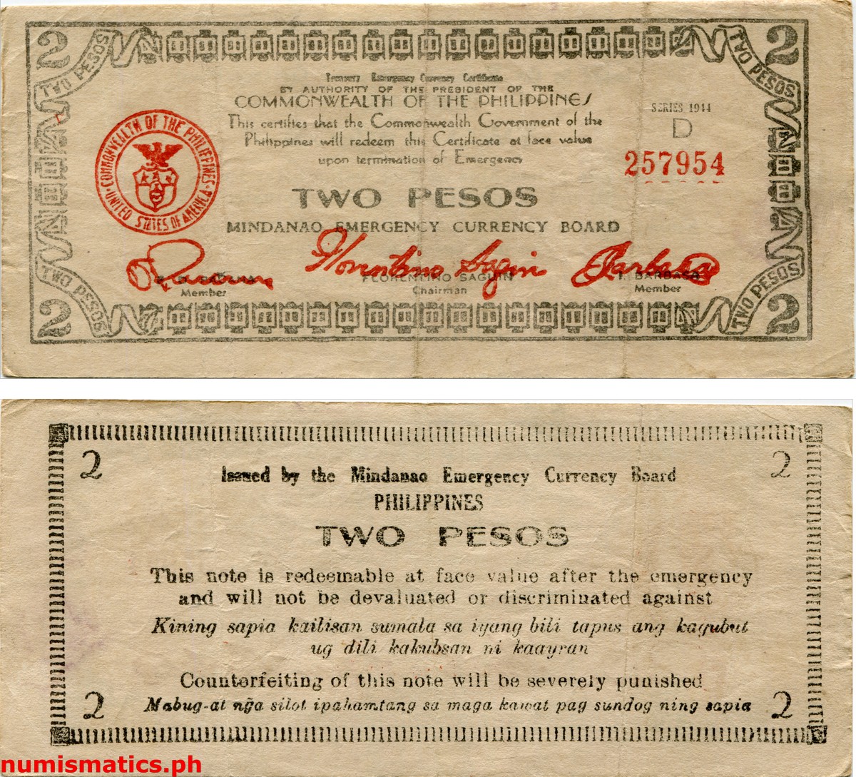 1944 2 Pesos First Issue Narrow Mindanao Treasury Emergency Currency Certificate