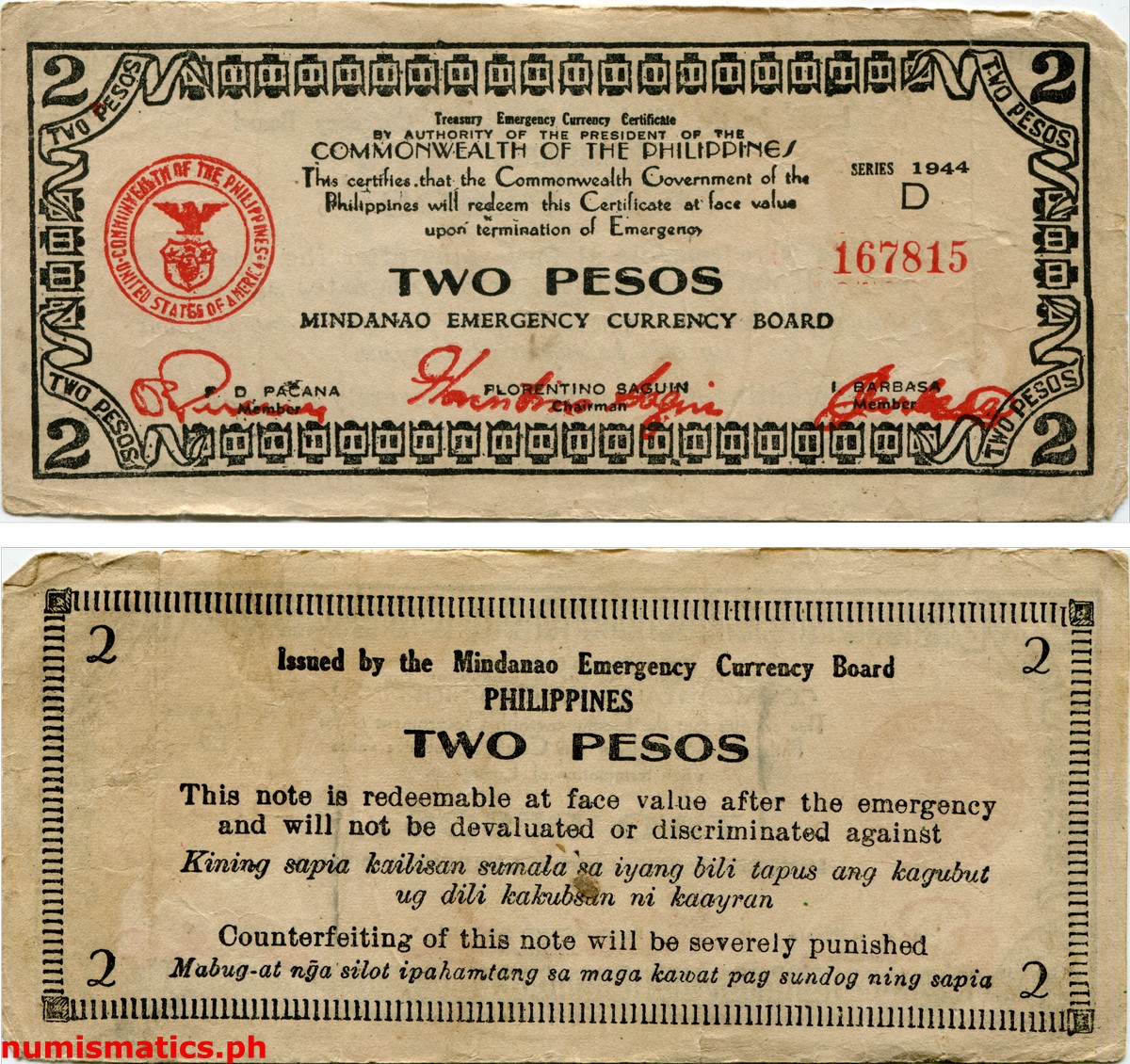 1944 2 Pesos First Issue Wide Mindanao Treasury Emergency Currency Certificate