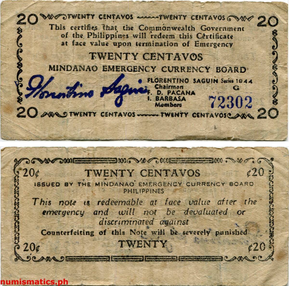 1944 20 Centavos First Issue Upper Lower Case Mindanao Emergency Certificate