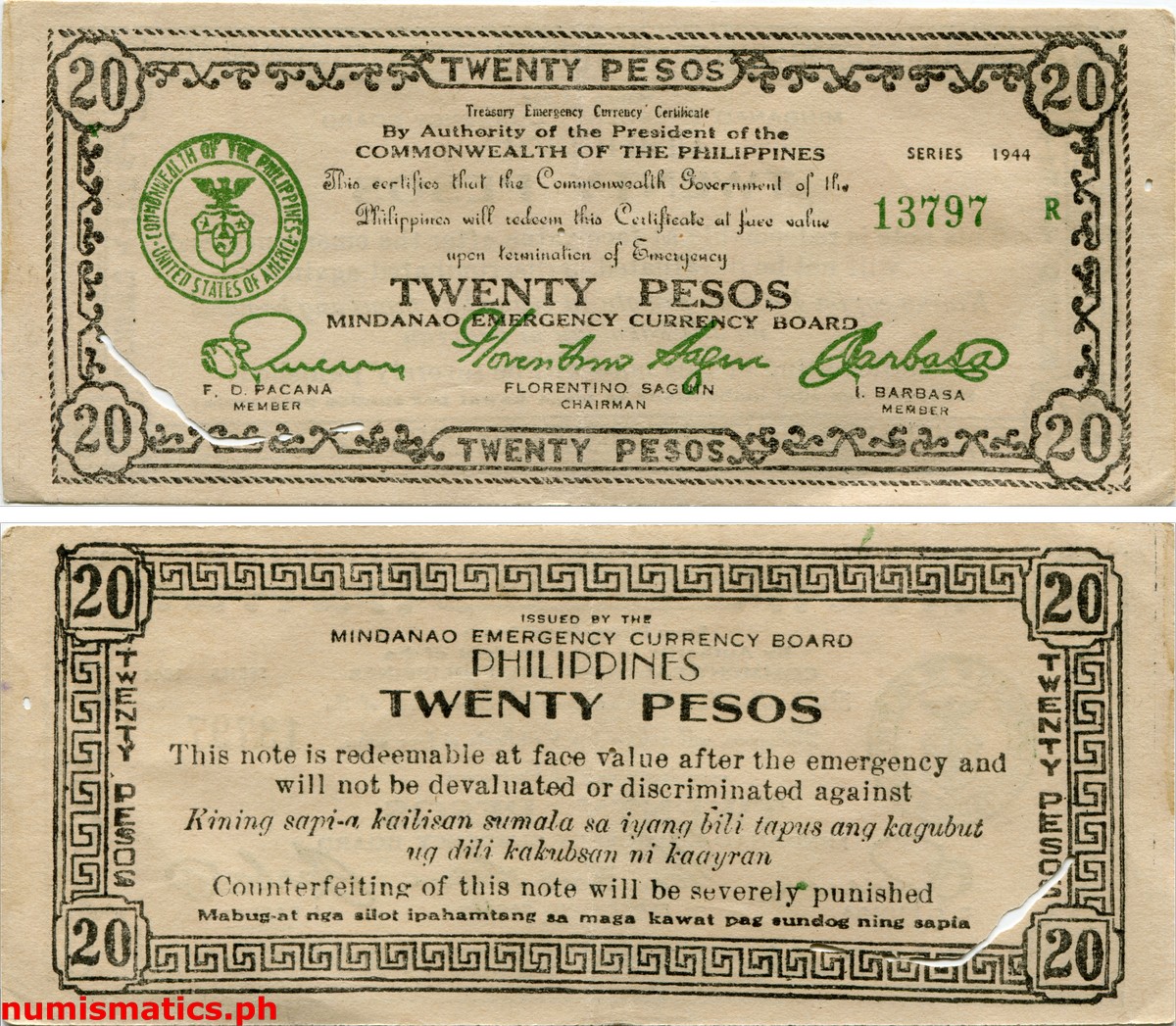 1944 20 Pesos Second Issue Without Control Mark Mindanao Treasury Emergency Currency Certificate