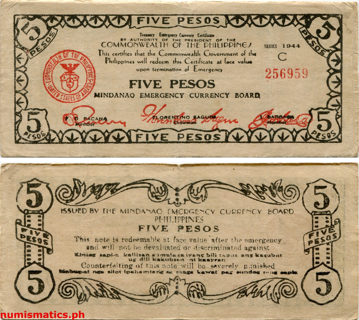 1944 5 Pesos First Issue Series 1944 (Wide) Mindanao Treasury Emergency Currency Certificate