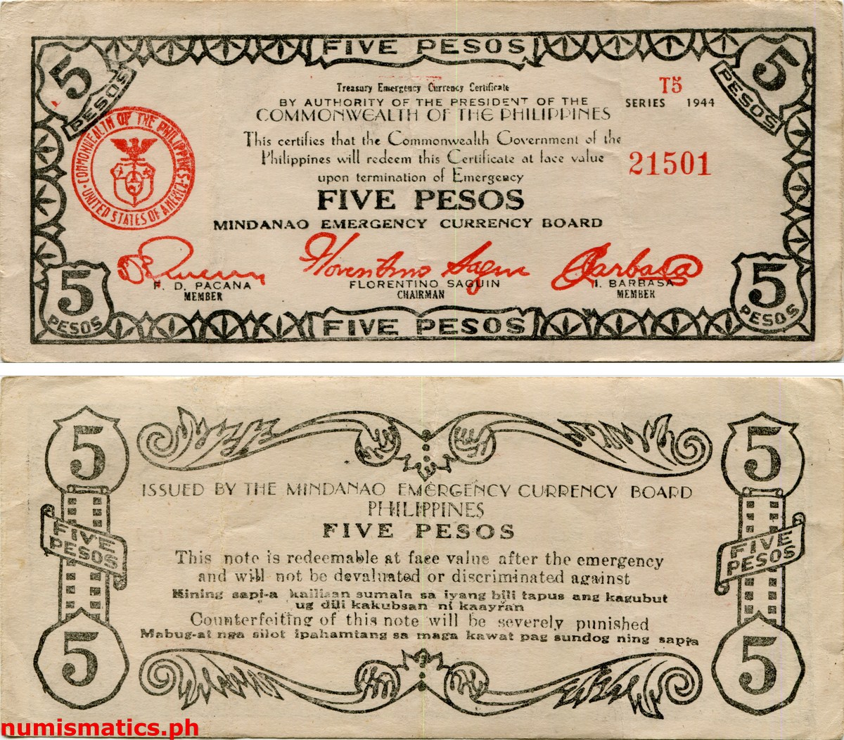 1944 5 Pesos Second Issue T5 Wooden Plate Mindanao Treasury Emergency Currency Certificate