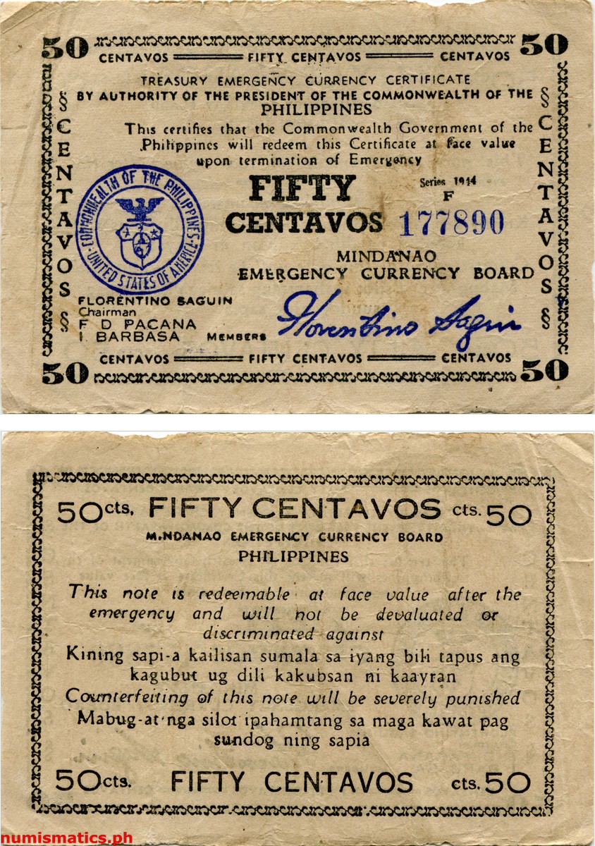 1944 50 Centavos First Issue Narrow Mindanao Treasury Emergency Currency Certificate