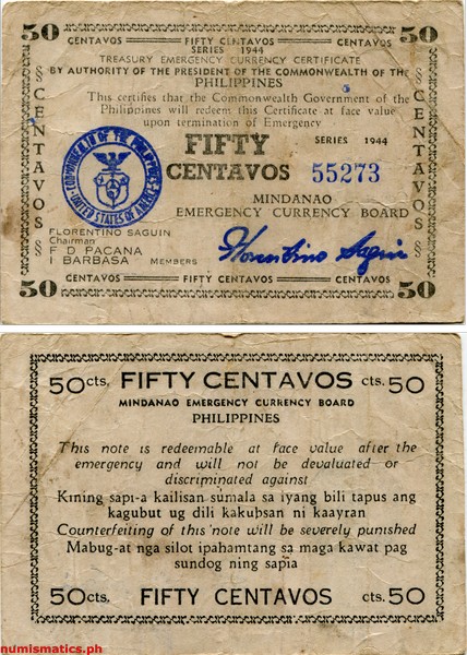 1944 50 Centavos Second Issue with 5 Control Mark Mindanao Treasury Emergency Currency Certificate