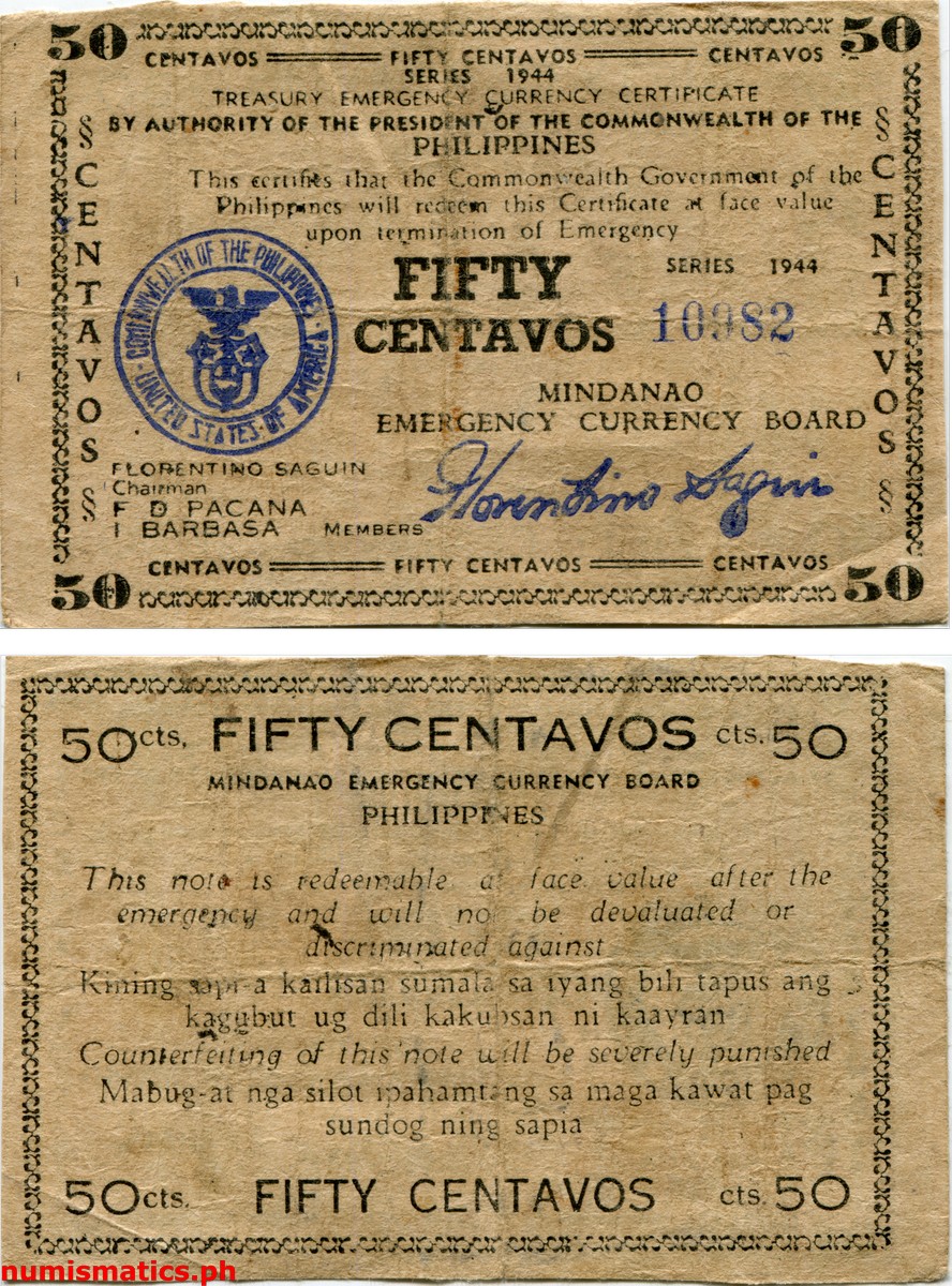 1944 50 Centavos Second Issue No Control Mark Mindanao Treasury Emergency Currency Certificate