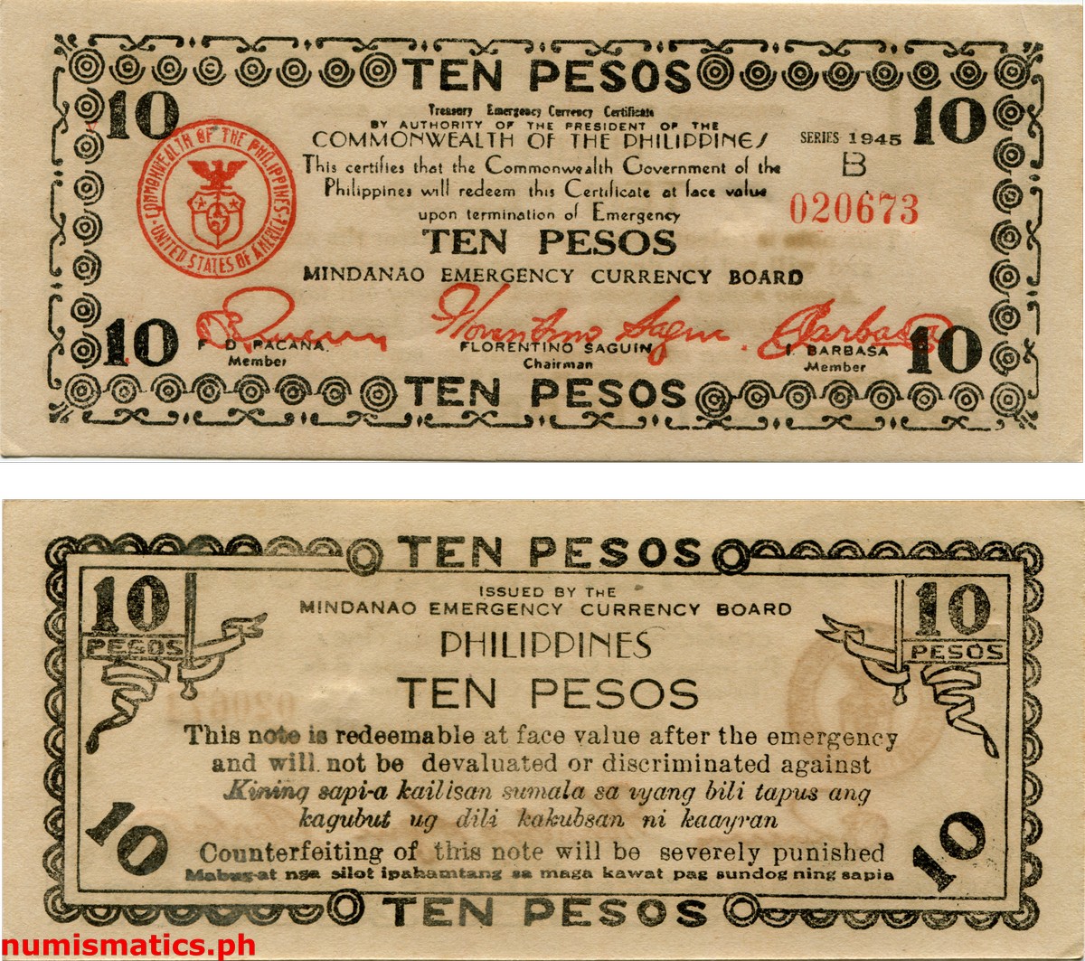 1945 10 Pesos Mindanao Treasury Emergency Currency Certificate