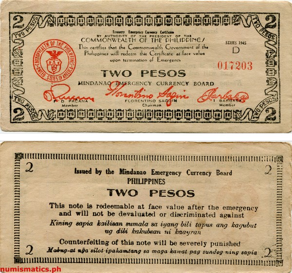 1945 2 Pesos Mindanao Treasury Emergency Currency Certificate