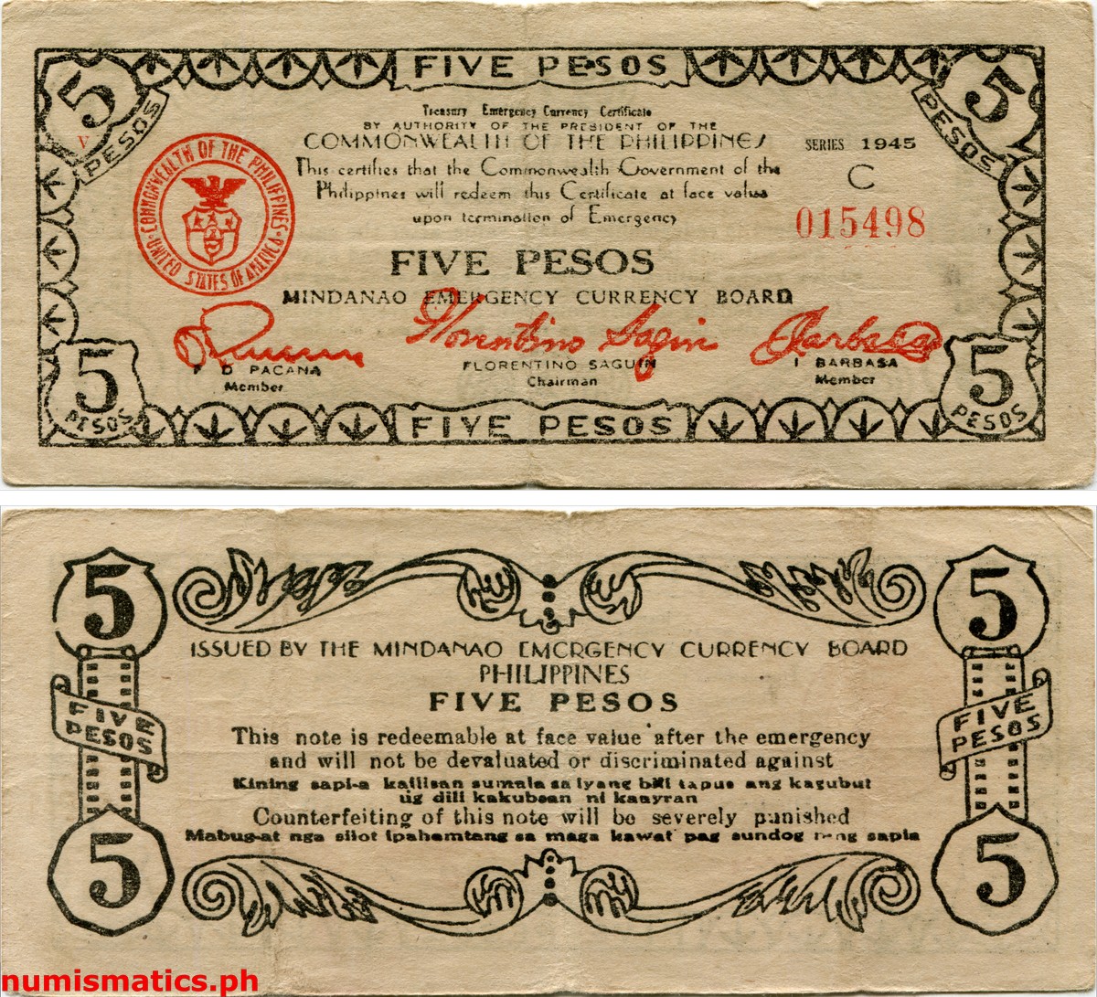 1945 5 Pesos Mindanao Treasury Emergency Currency Certificate