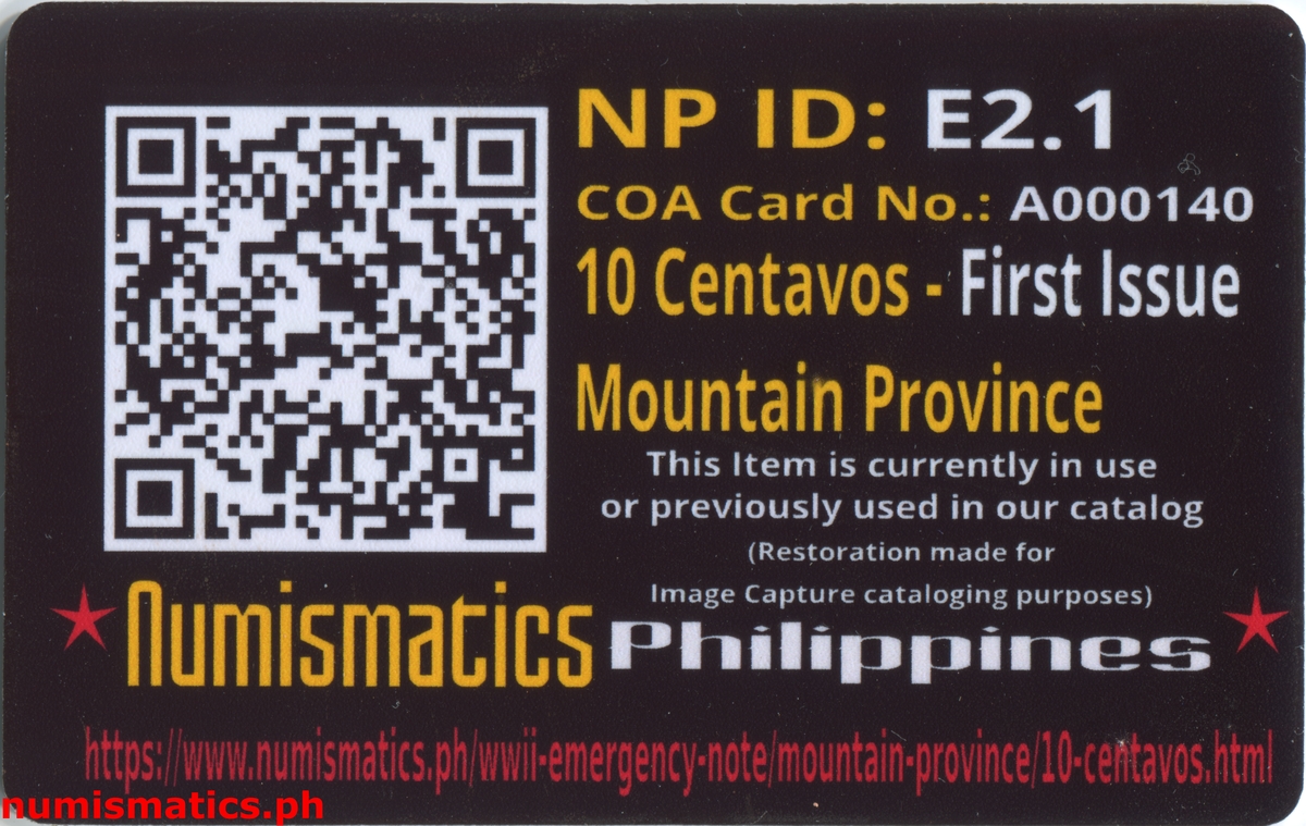 1942 10 Centavos First Issue Mountain Province Emergency Note A000140 Card Reverse