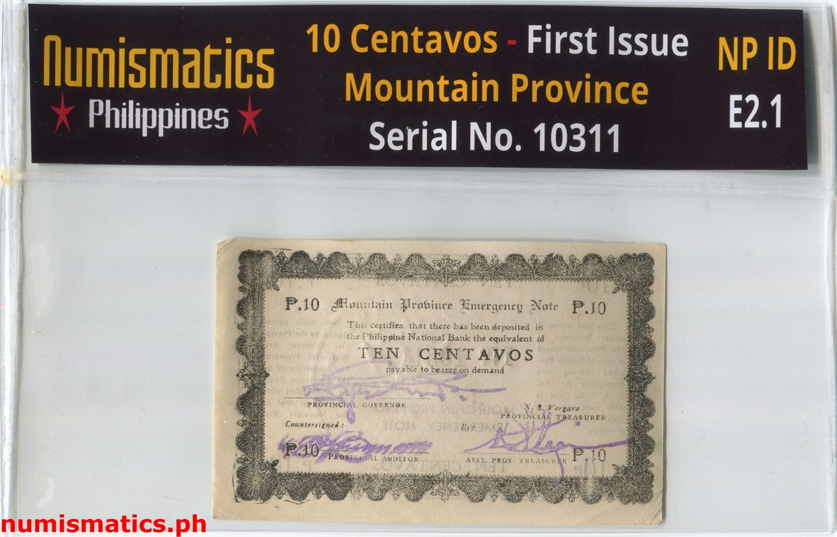 1942 10 Centavos First Issue Mountain Province Emergency Note A000140 Slab Obverse