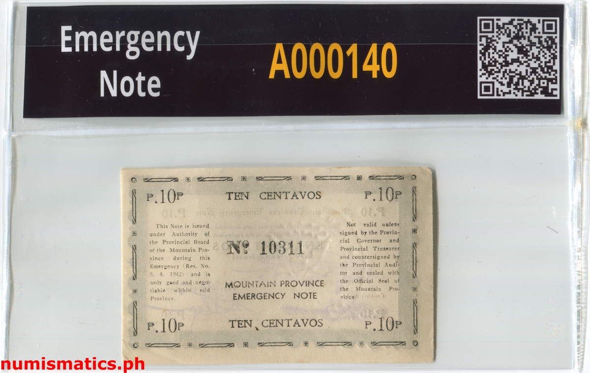 1942 10 Centavos First Issue Mountain Province Emergency Note A000140 Slab Reverse