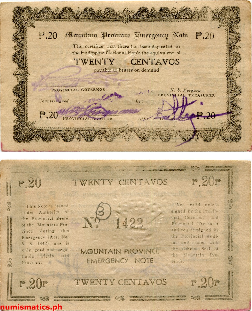 1942 20 Centavos Mountain Province Emergency Note