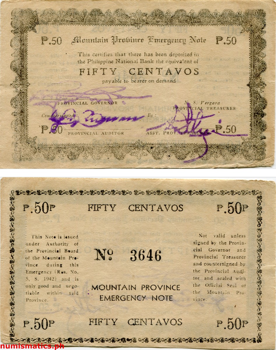 1942 50 Centavos First 2 Lines of text is equal in length Mountain Province Emergency Note