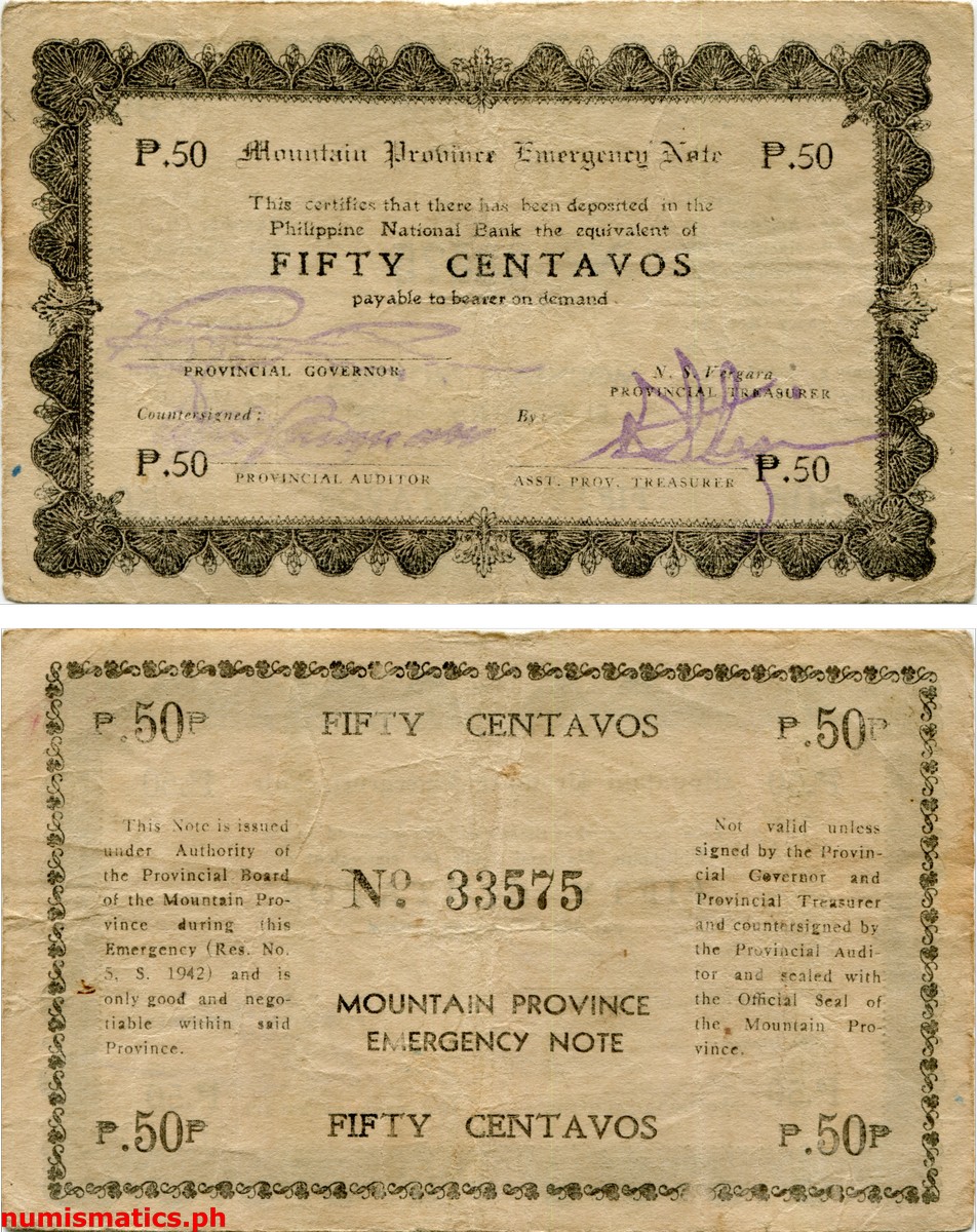 1942 50 Centavos Fist line is longer than the second line Mountain Province Emergency Note