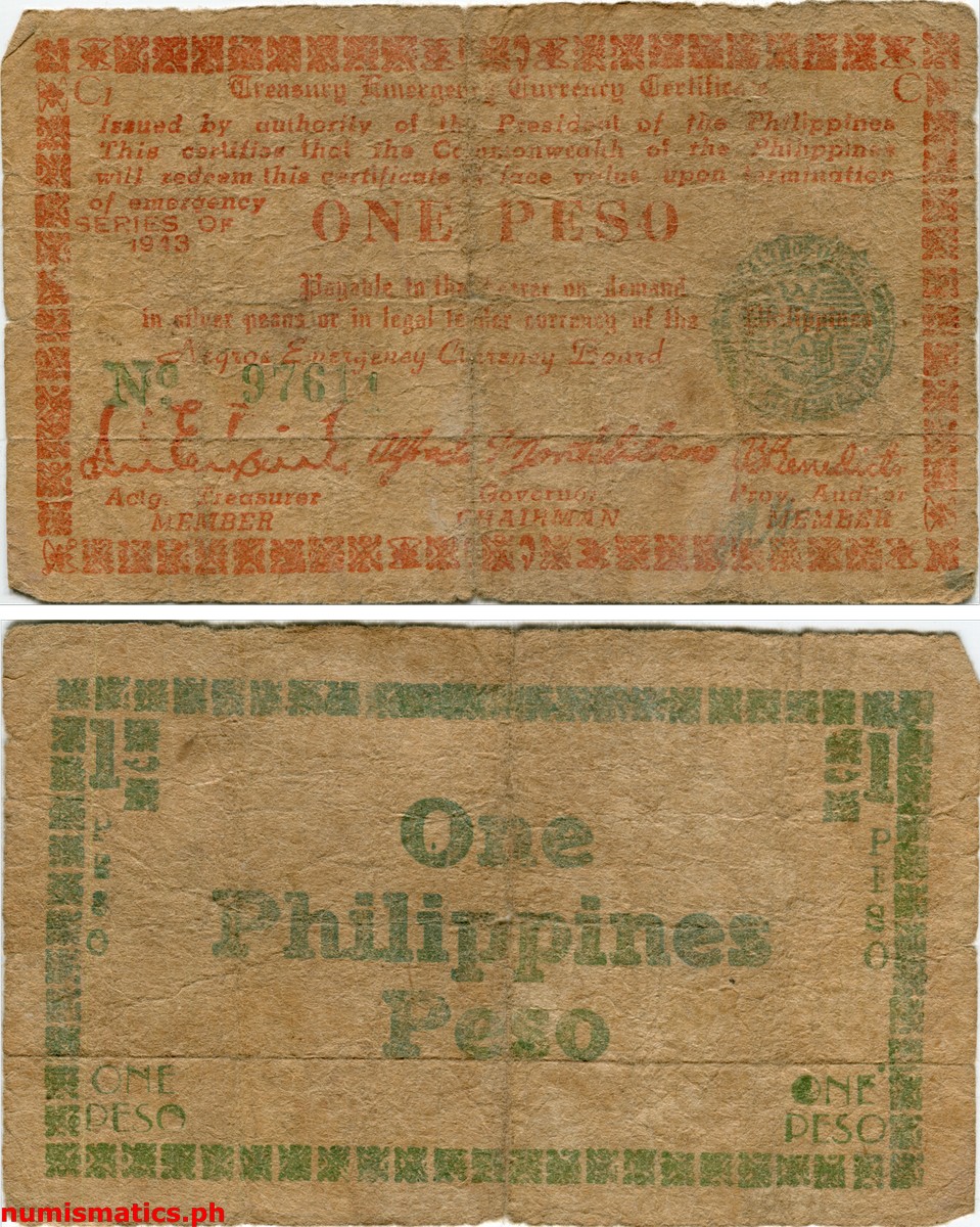 1943 1 Peso Manila Negros Treasury Emergency Currency Certificate