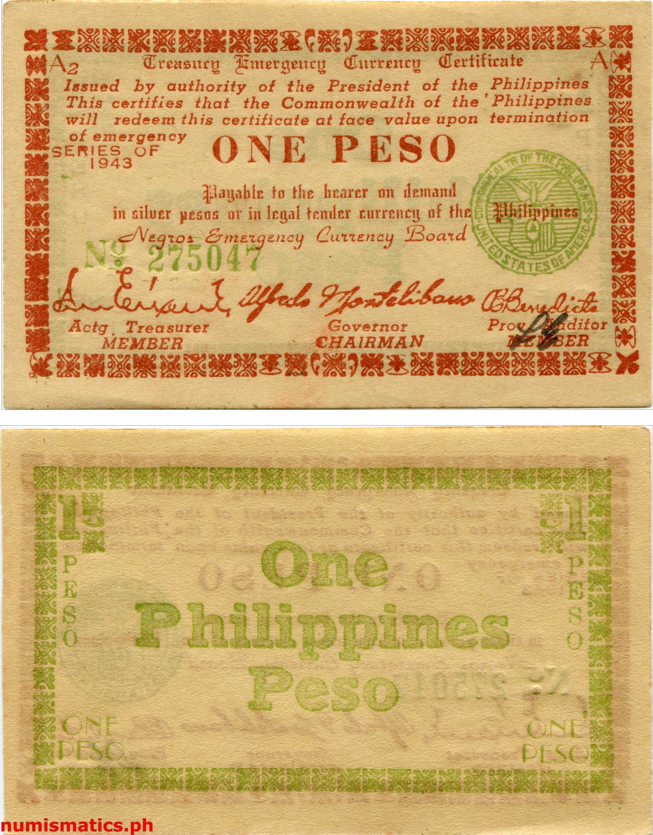 1943 1 Peso Yellow Negros Treasury Emergency Currency Certificate