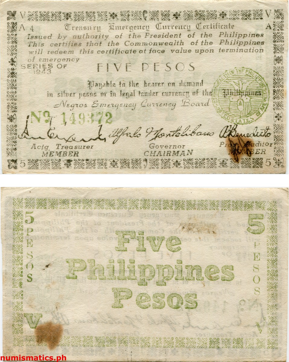 1943 5 Pesos Thin White Normal 3 Negros Treasury Emergency Currency Certificate