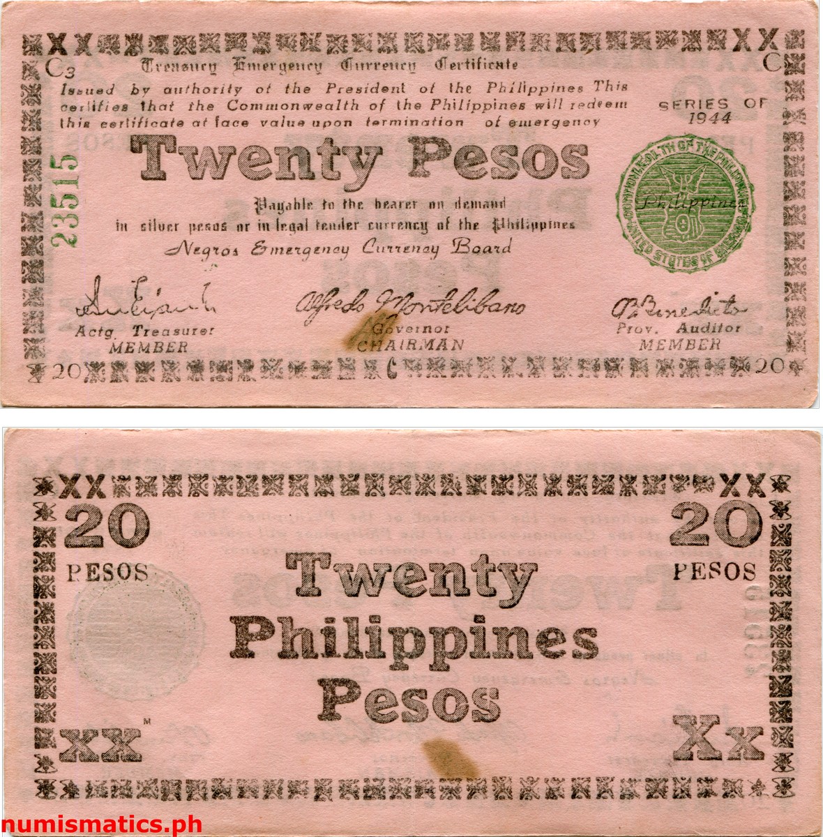 1944 20 Pesos Pink Negros Treasury Emergency Currency Certificate