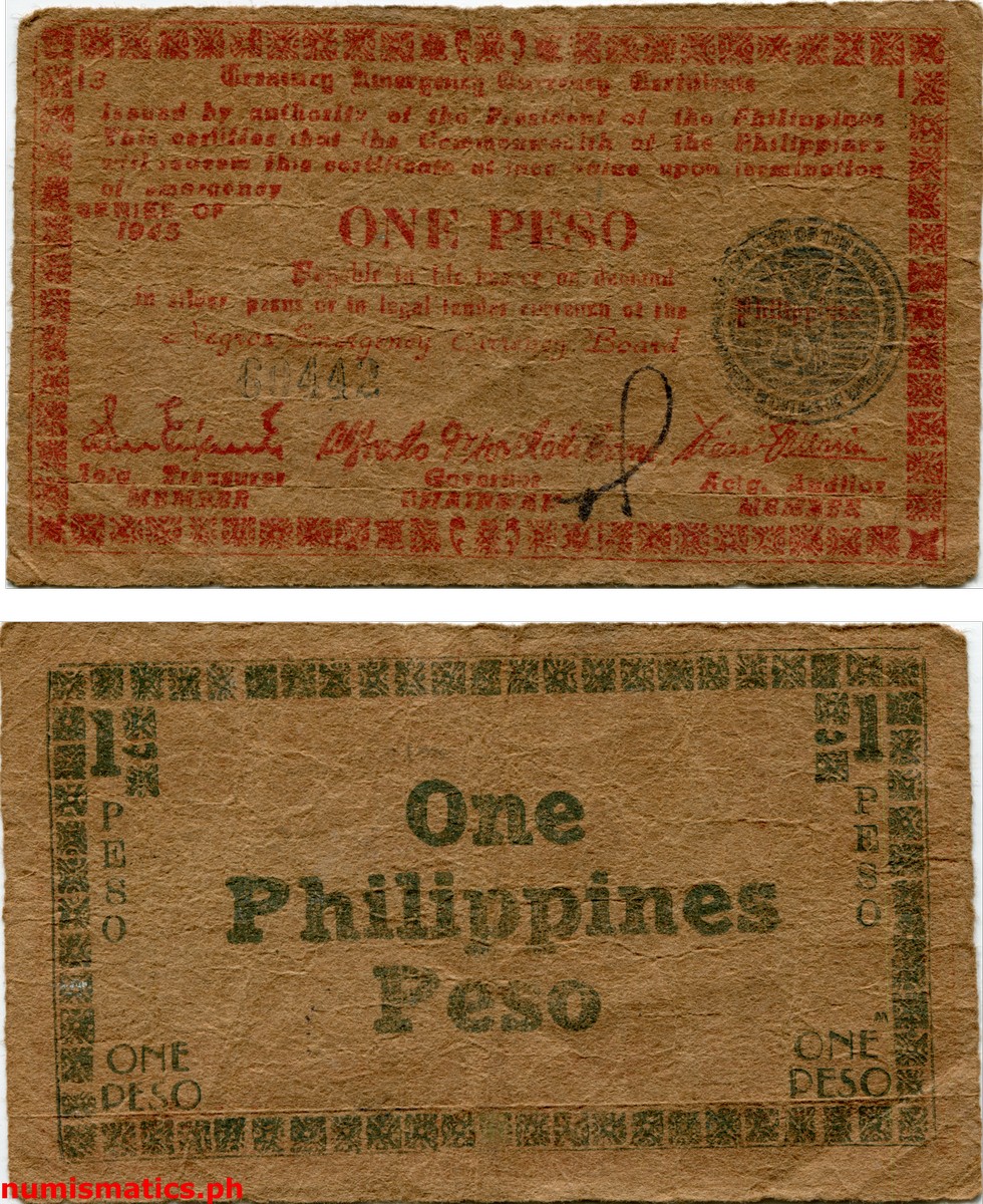 1945 1 Peso Negros Treasury Emergency Currency Certificate