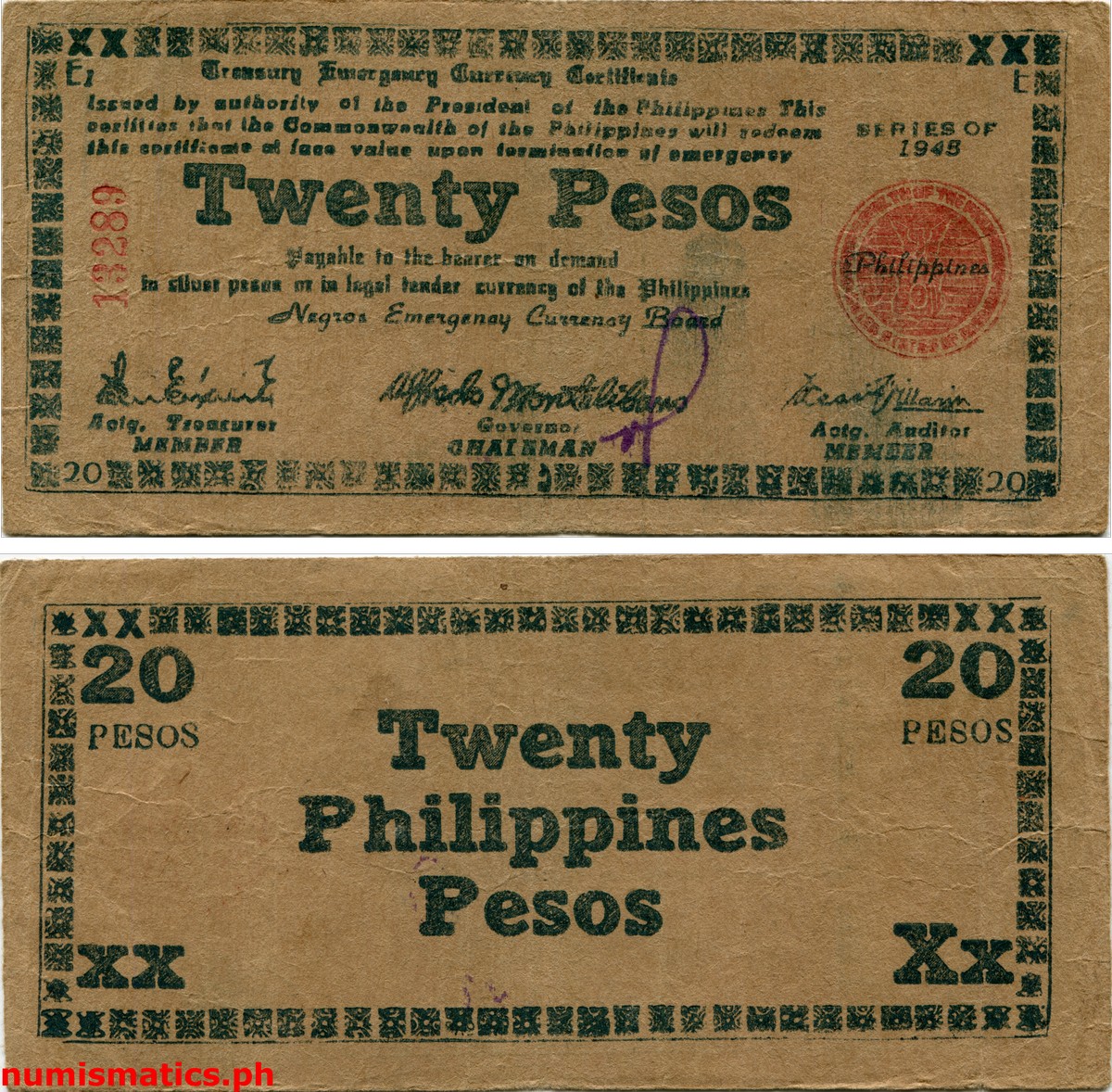 1945 20 Pesos Brown Paper Negros Treasury Emergency Currency Certificate