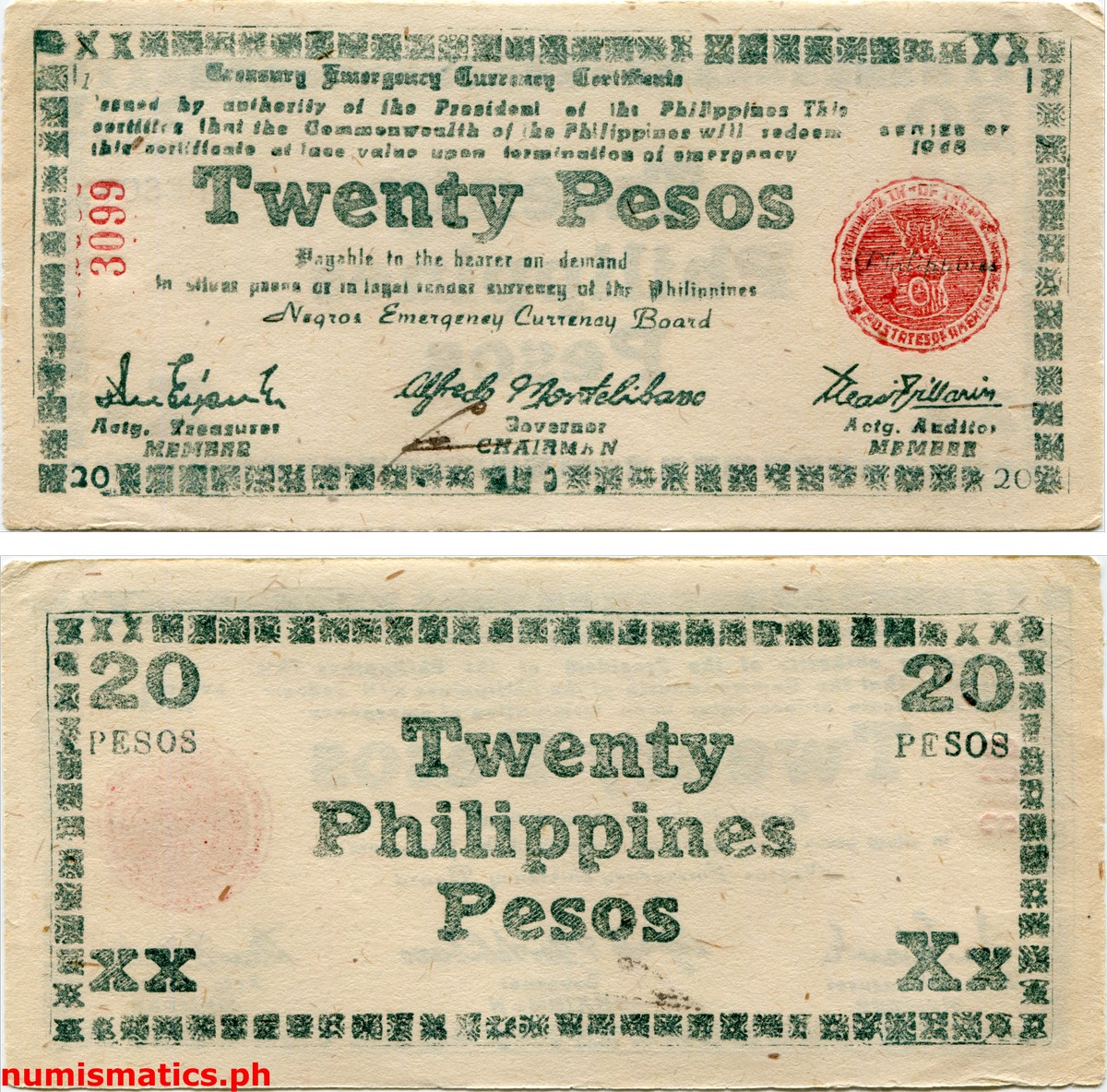 1945 20 Pesos White Paper Negros Treasury Emergency Currency Certificate