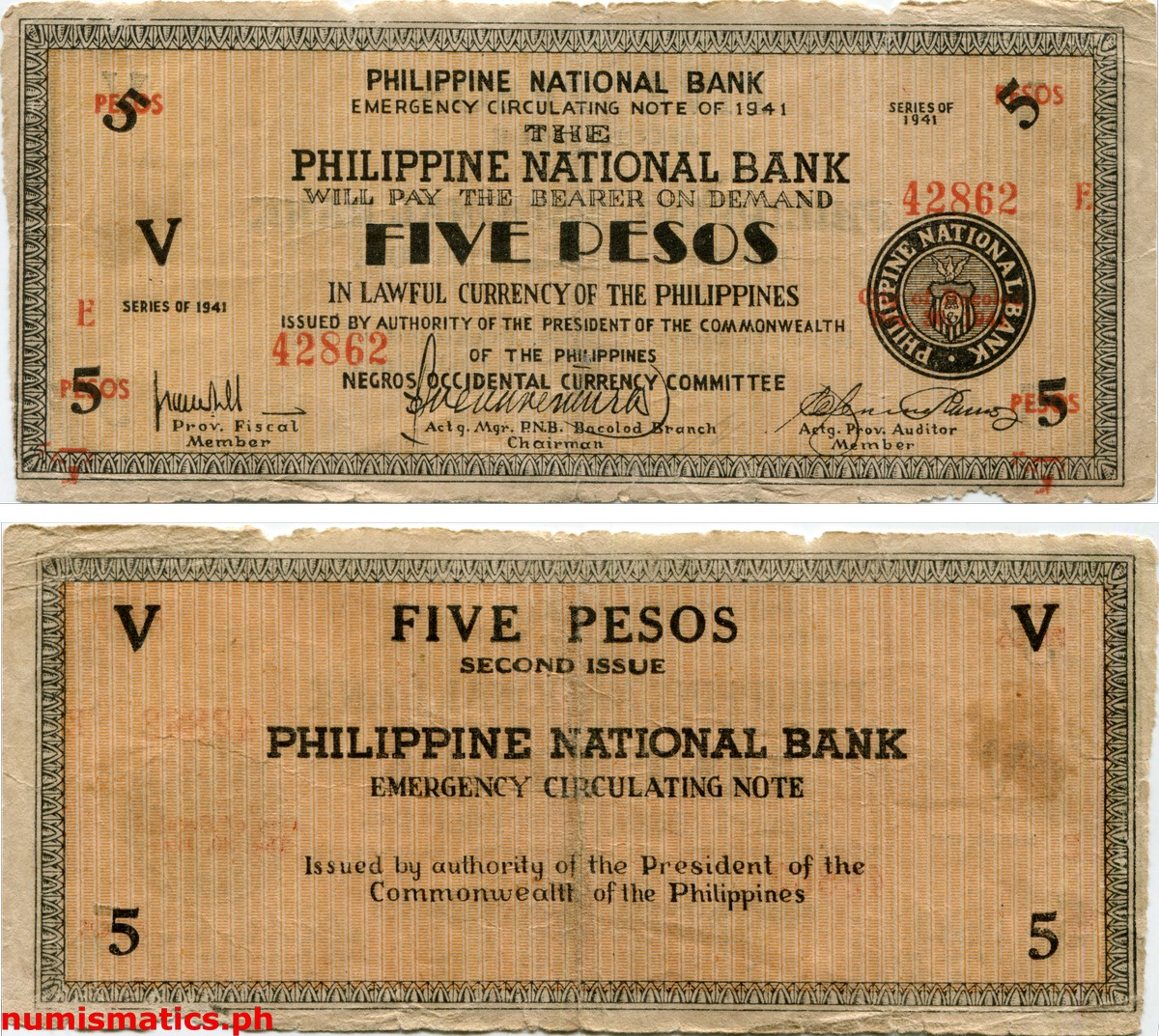 1941 5 Pesos Second Issue Negros Occidental Emergency Circulating Note