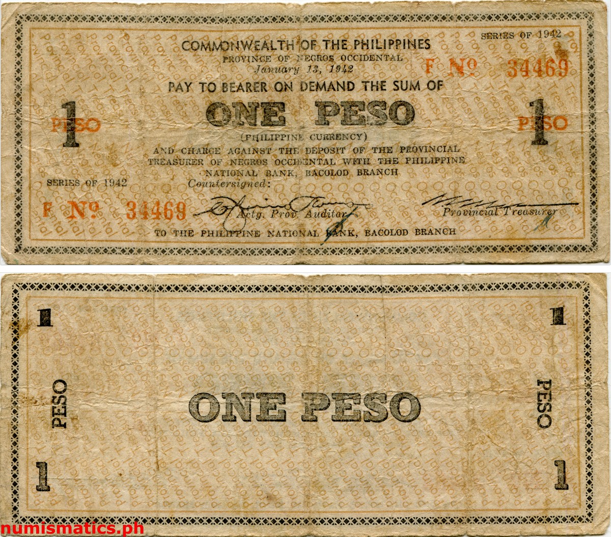 1942 1 Peso First Issue Negros Occidental Couponized Check