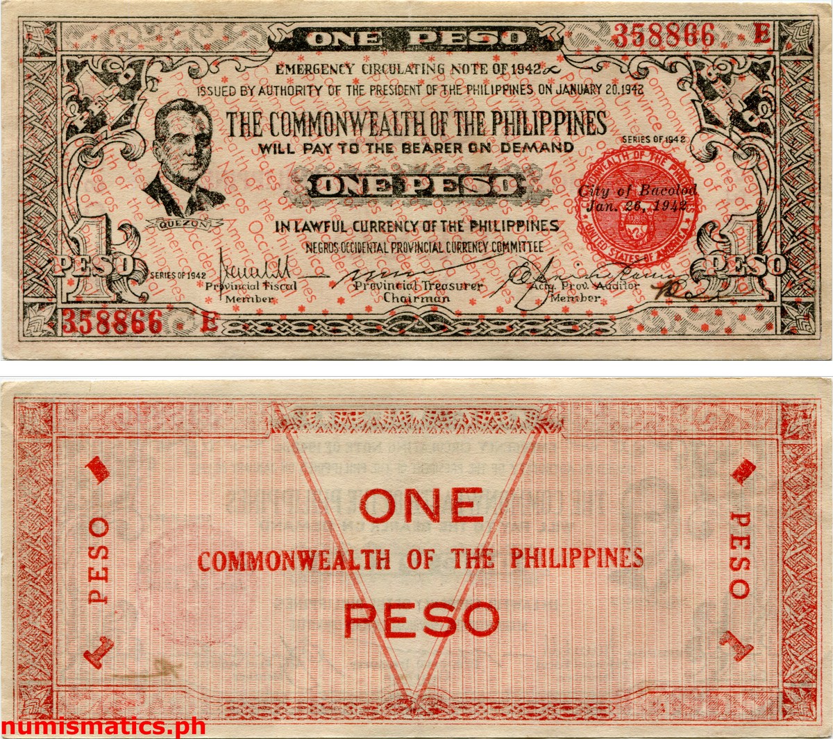 1942 1 Peso Second Issue Peso Facing In Negros Occidental Emergency Circulating Note