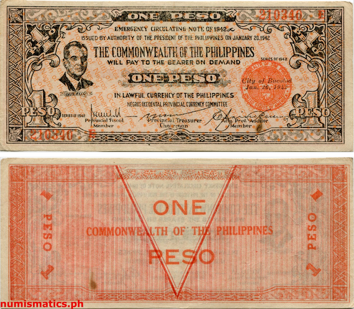 1942 1 Peso Second Issue Peso Facing Out Negros Occidental Emergency Circulating Note