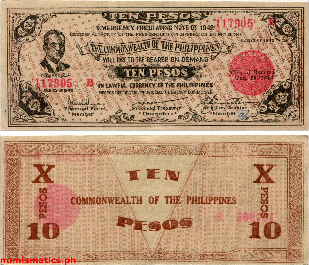 1942 10 Pesos Second Issue Bais Facing In Negros Occidental Emergency Circulating Note