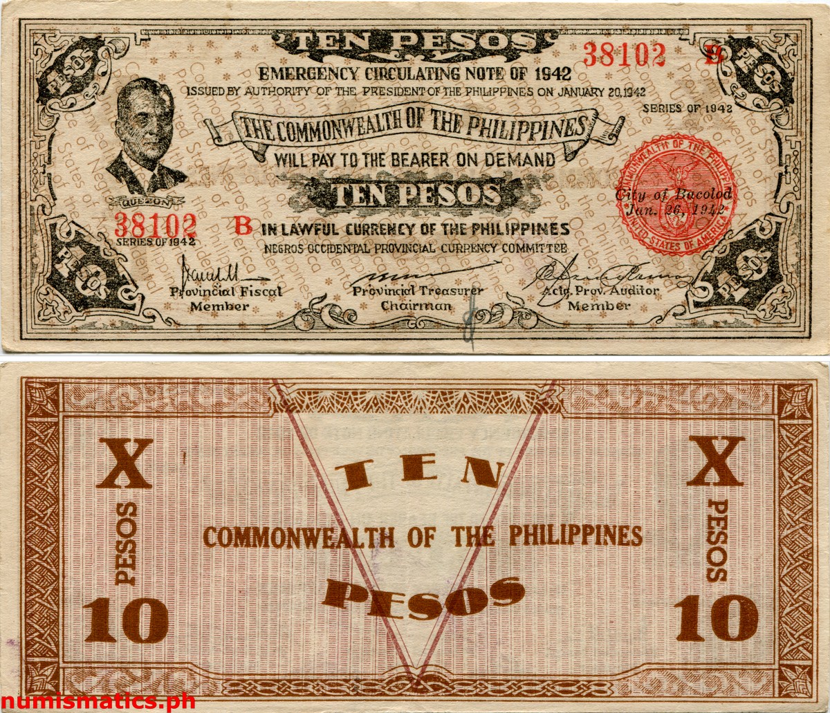 1942 10 Pesos Second Issue Bond Facing In Negros Occidental Emergency Circulating Note