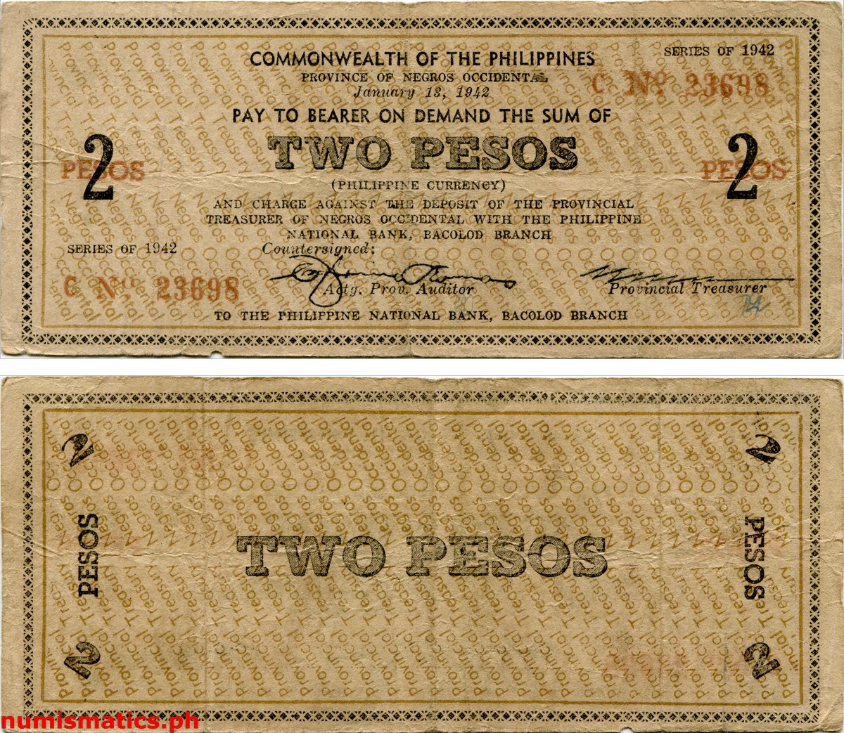 1942 2 Pesos First Issue Large 2 Negros Occidental Couponized Check