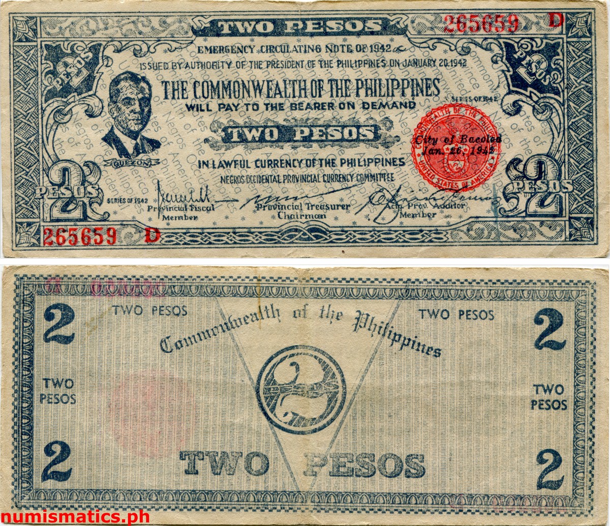 1942 2 Pesos Second Issue Bais Blue Negros Occidental Emergency Circulating Note