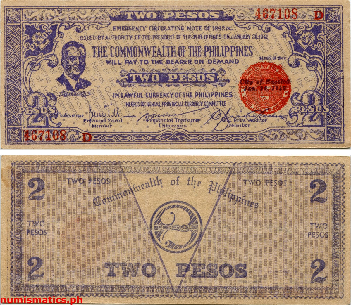 1942 2 Pesos Second Issue Purple Negros Occidental Emergency Circulating Note