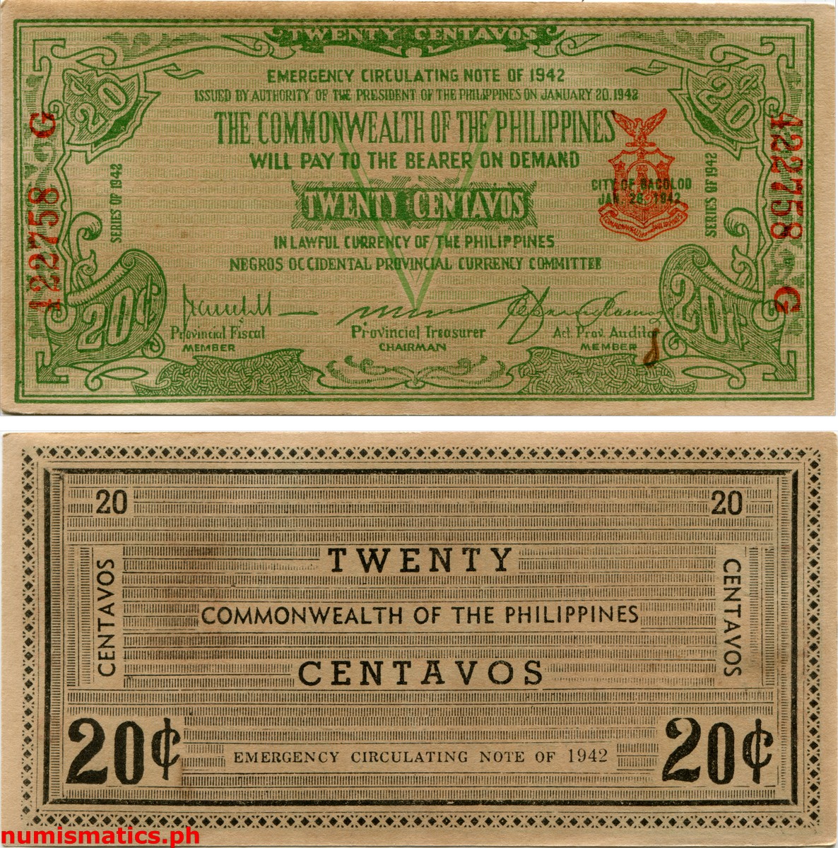 1942 20 Centavos Second Issue Negros Occidental Emergency Circulating Note