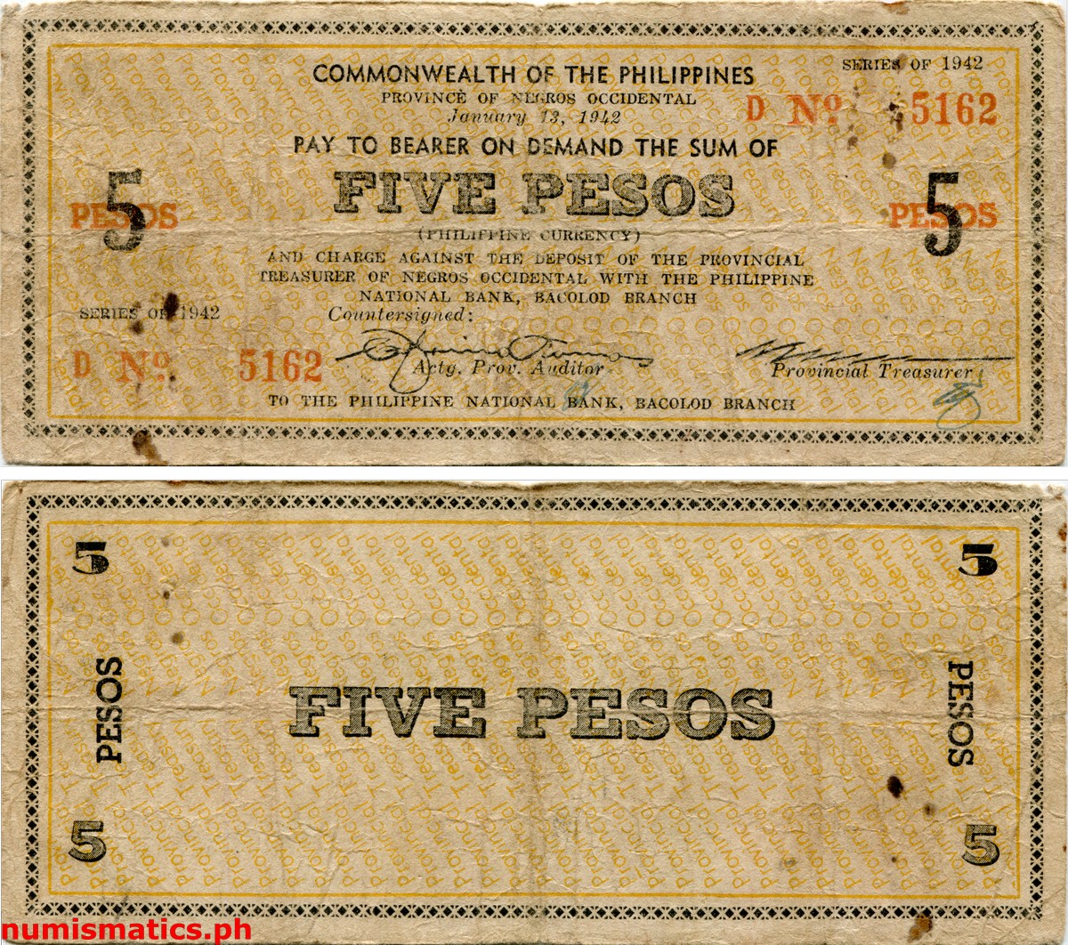 1942 5 Pesos First Issue Small 5 Negros Occidental Couponized Check