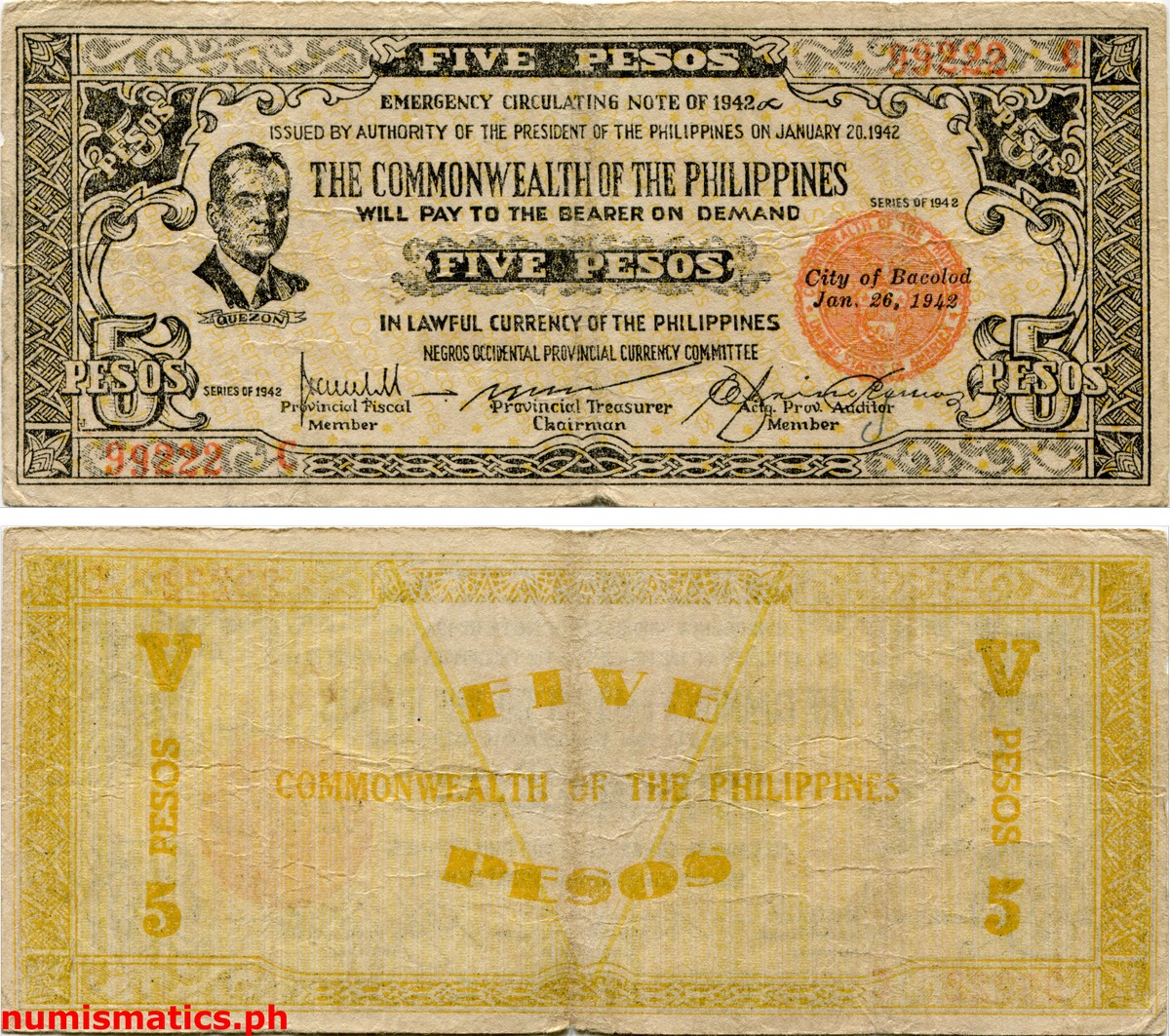 1942 5 Pesos Second Issue Bond Negros Occidental Emergency Circulating Note